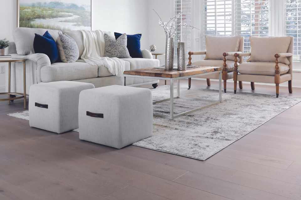 gray-toned hardwood in contemporary living room with gray furniture and area rug